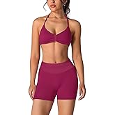 ABOCIW Womens Seamless Workout Sets 2 Piece Strappy Halter Sports Bra Scrunch Butt Shorts Gym Yoga Outfits