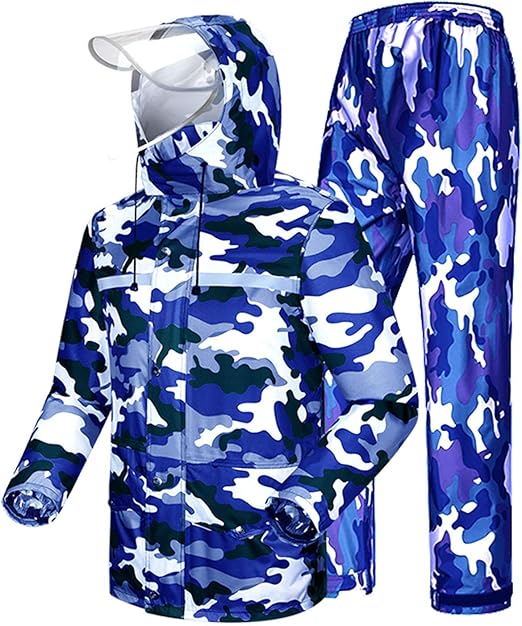 Mens Waterproof Camouflage Rain Suit Jacket and Trouser Suit with Mesh lining, Adjustable Hood