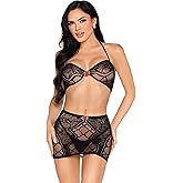 Leg Avenue Women's 2 PC Lace Lingerie Sexy Bra Top and Mini Lingerie Skirt with Rosette Accents, Black, One Size