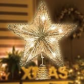 LAMPHOME 11" 10L Lighted Gold Glitter Thread Christmas Star Tree Topper ，Lighted Star Tree Topper， Gold Tinsel Wired Design，Warm White