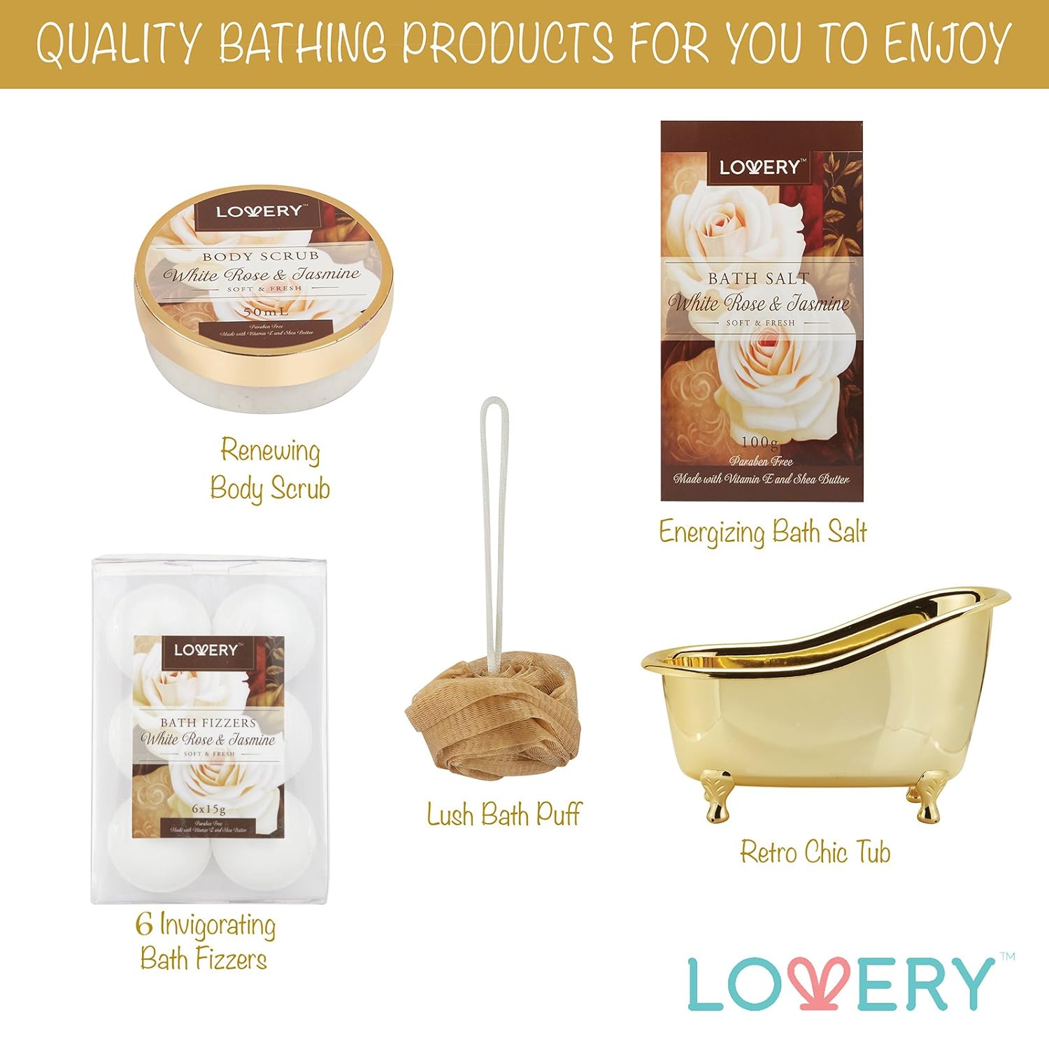 Home Spa Gift Basket, Luxury 13 Piece Bath & Body Set For Men & Women, White Rose & Jasmine Fragrance with Shower Gel, Bubble Bath, Body Scrub, Bath Salts, 6 Bath Bombs, Pouf, Cosmetic Bag & Gold Tub : Beauty