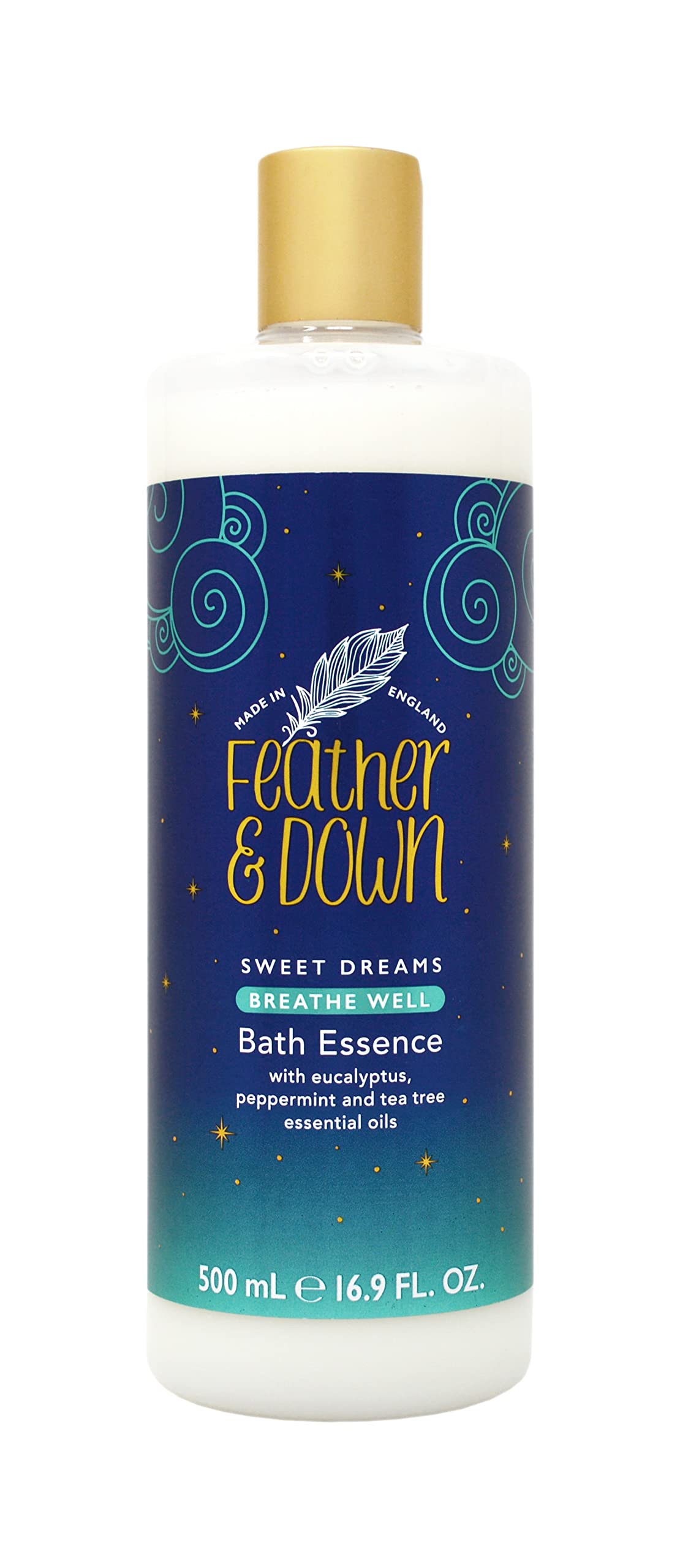 Feather & Down Sweet Dreams Breathe Well Bath Essence (500ml) - Blended with eucalyptus, peppermint & tea tree essential oils to prepare you for a restful night's sleep. Vegan Friendly & Cruelty Free.