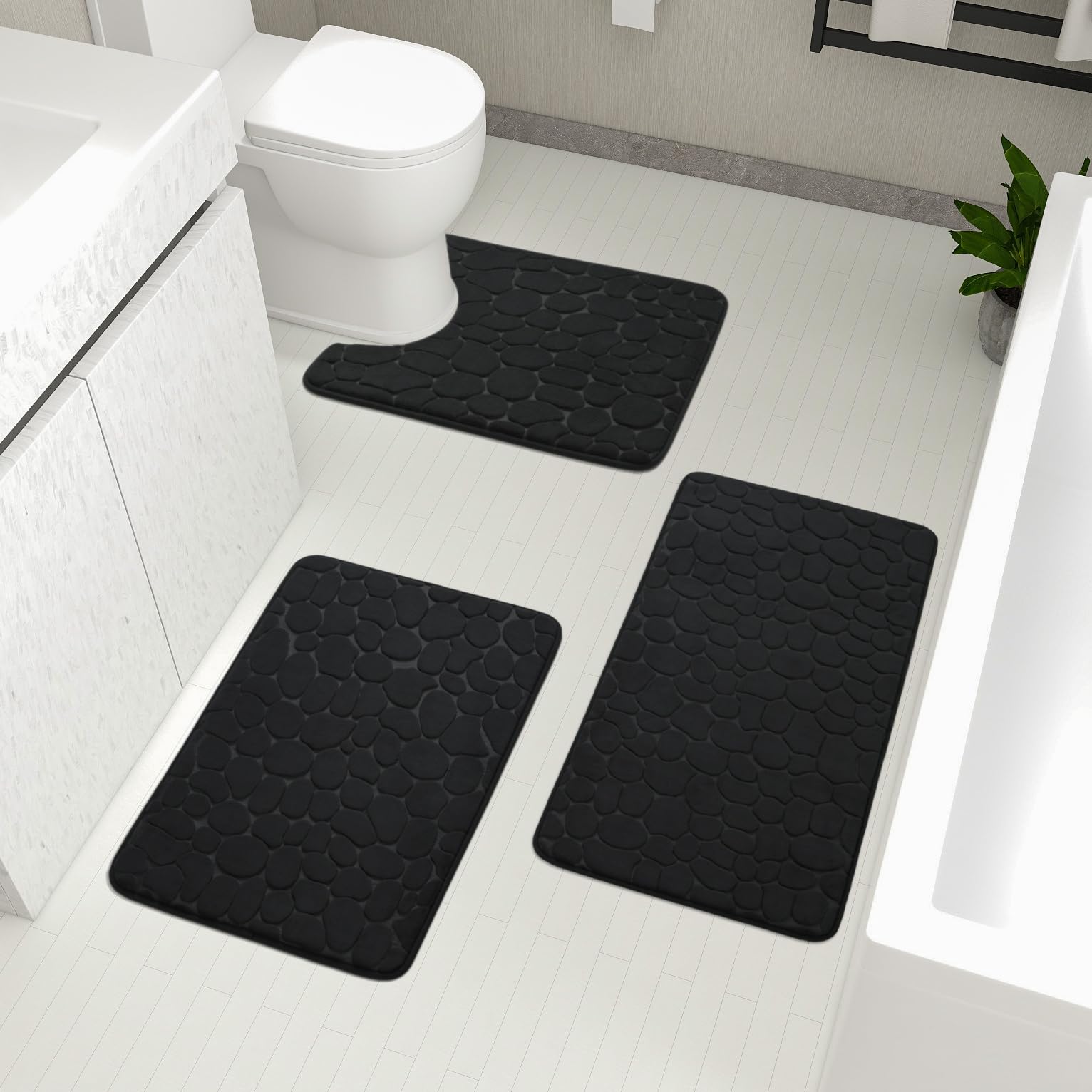 chakme Bathroom Rugs Sets 3 Pieces, Cobblestone Memory Foam Bath Mat, Non-Slip, Absorbent, Washable, Black, 81 x 51 cm, 61 x 43 cm, Bath Mat, Home > Bath