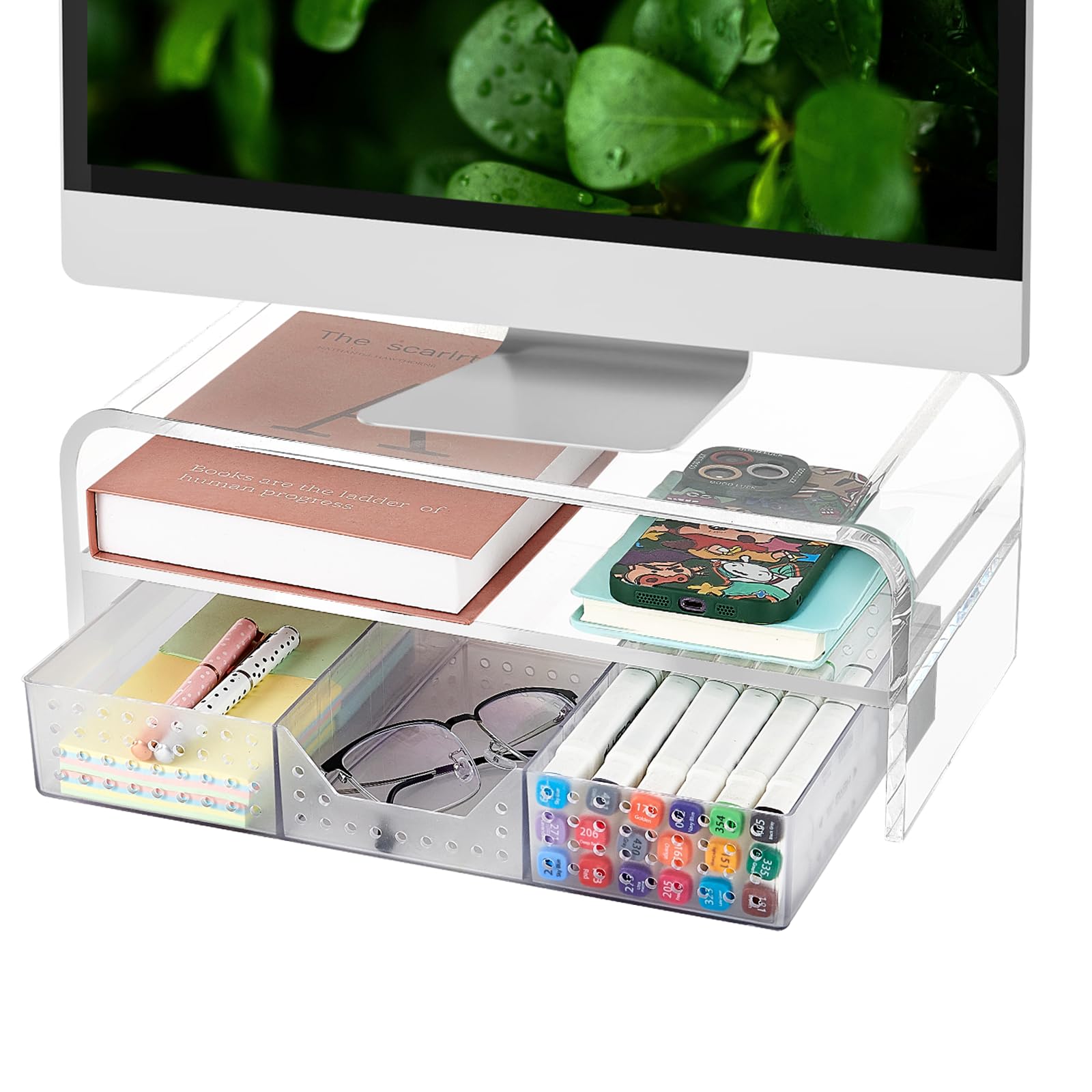 Photo 1 of OPNICE Acrylic Clear Desk Organizers and Accessories, 2-Tier Computer Monitor Stand Riser with Drawer, Laptop Stand, Office Desk Accessories for Office Supplies, Transparent