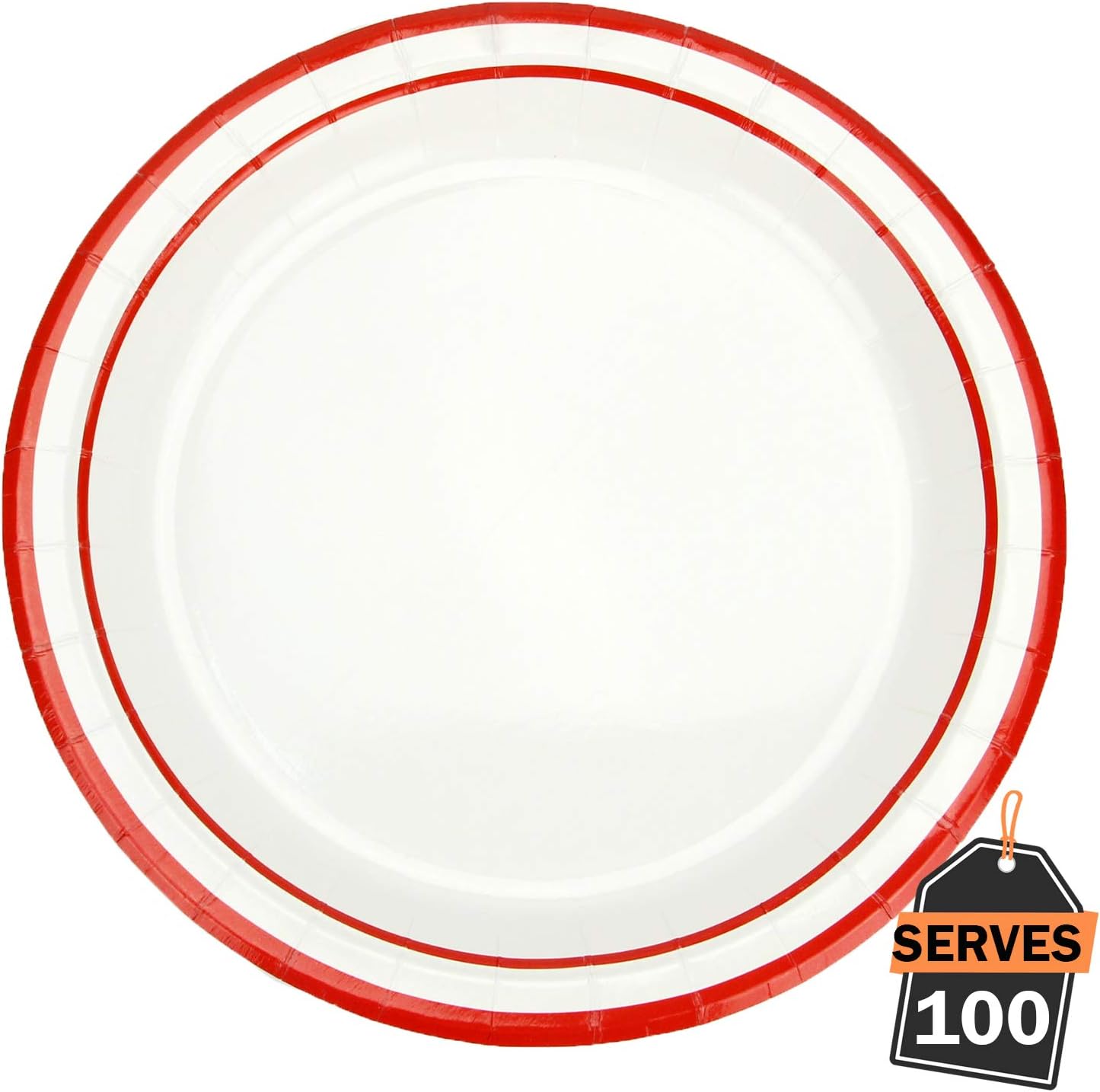 Pack of 100 Red Rim Disposable Paper Plates, Round 9", Everyday Party Supplies for Appetizer, Lunch, Dinner, or Dessert