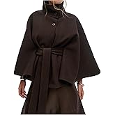 OPCAKM Women's Batwing Sleeve Poncho Coat Oversized Winter Pea Coat Stand Collar Cropped Cape Jacket with Belt