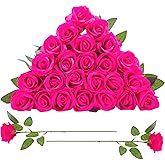Ovveroche 24 Pcs Hot Pink Rose Artificial Flowers with Long Stem Real Touch Silk Roses Bulk for Wedding, Party, Table Centerpieces Bright Pink Bouquet, Bridal, Home Decor
