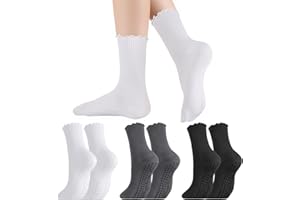 Coumy 3 Pairs Non Slip Pilates Socks with Grips for Women,Cute Ruffle Grippy Socks Cotton Yoga Crew Sock for Pilate Ballet