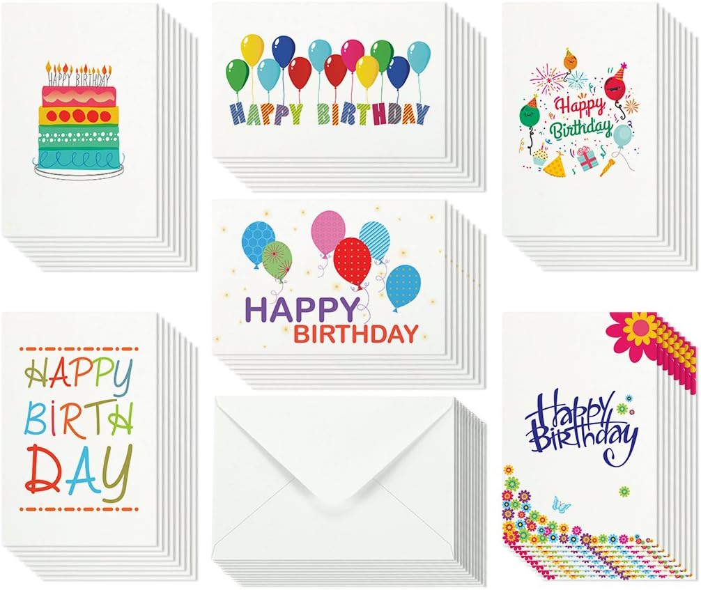 48 Happy Birthday Card Bulk Assortment Set – 6 Fun Designs with Blank Inside – 4 x 6 Inch Cards Include Envelopes and Card Storage Box