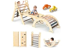 BlueWood Pikler Triangle Set 7in1 Foldable Baby Climbing Toys Wooden Montessori Climbing Set with Arch&Ramp&Ladder Baby Climber Indoor Jungle Gyms for Toddlers Montessori Toys - Mauve Pink