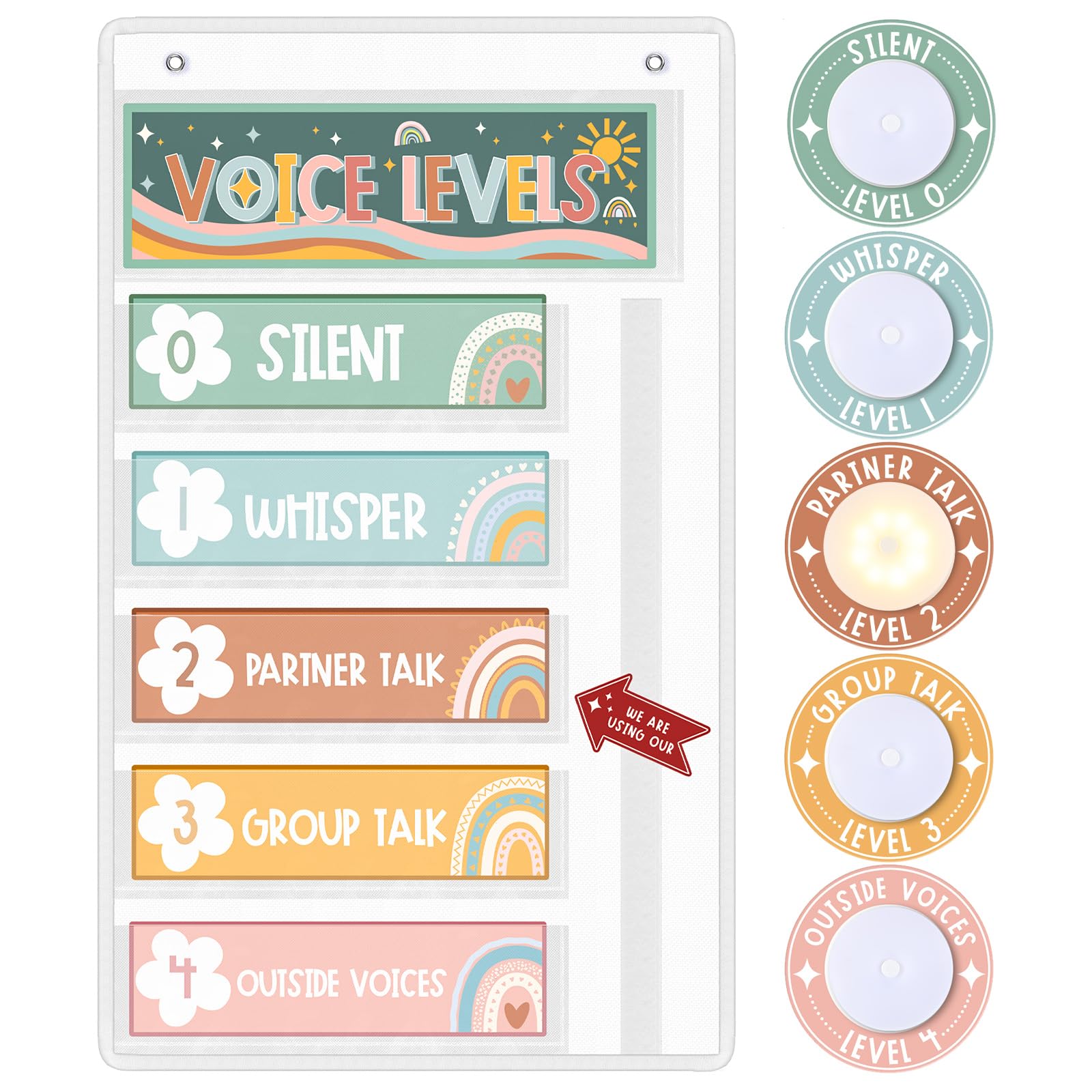 Photo 1 of AmazingSpark Boho Voice Level Lights for Classroom with 5 Pack LED Puck Lights 24"x16" Voice Level Chart Poster Sets for Bulletin Board Noise Pocket Chart for Teacher Back to School Classroom Decor