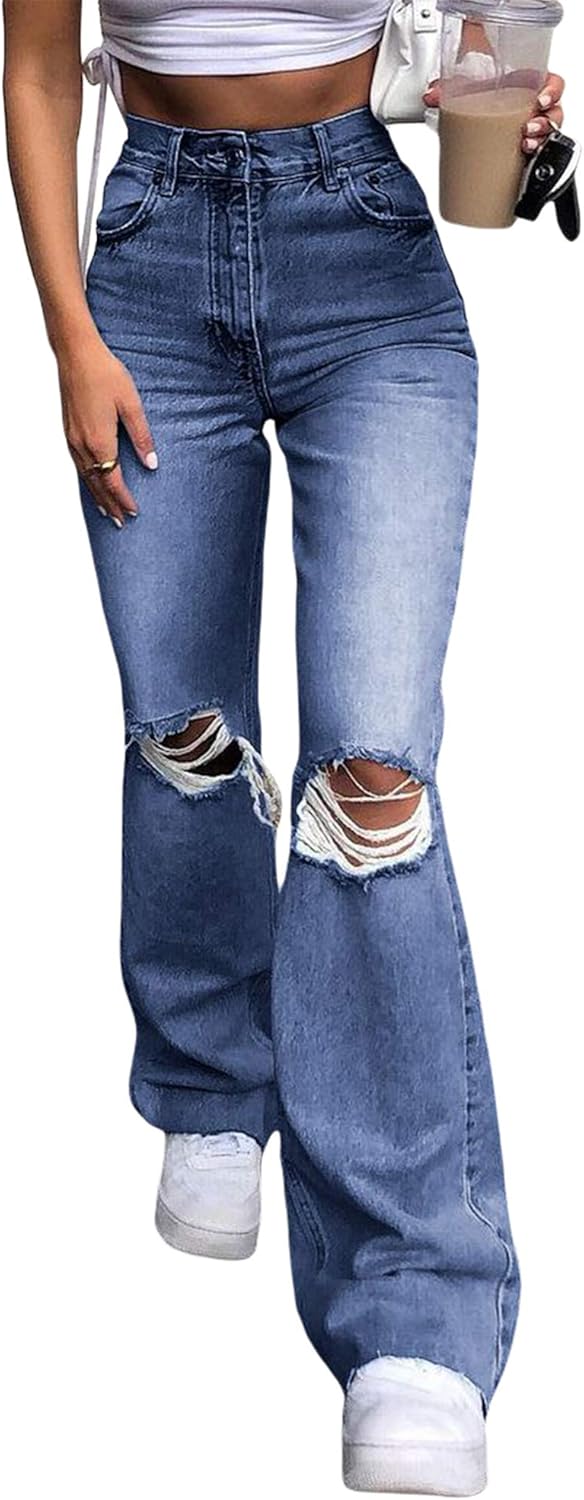 Women Ripped Hole Jeans Y2K Flare Trousers High Waisted Straight Wide