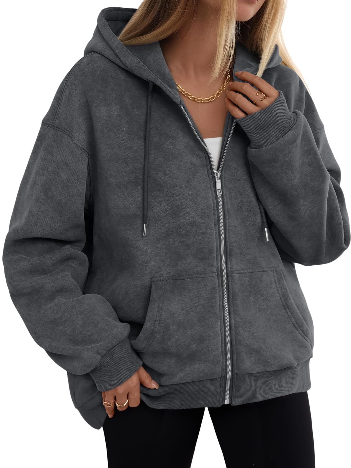 Photo 1 of Trendy Queen Zip Up Hoodies for Women Acid Wash Oversized Sweatshirt Fall Fashion Jacket Cute Y2k Winter teen girls pullover Grey XL