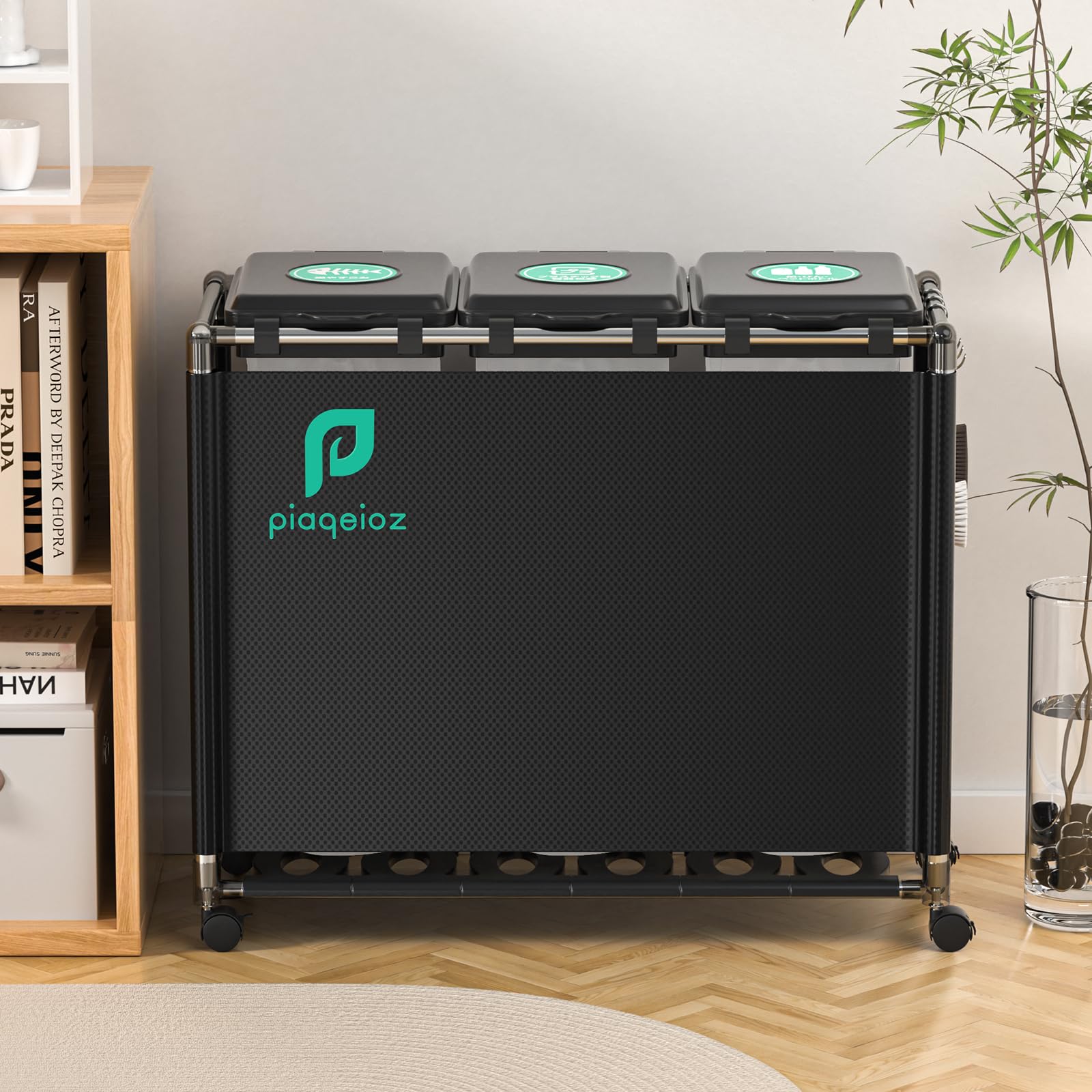 ゴミ袋ホルダー 3分別*30L ゴミ箱 ふた付き レジ袋を隠すゴミ袋スタンド 90L大容量 キャスター付きダストボックス 目隠しダストワゴン ステンレス製 おしゃれ 黒 の商品画像