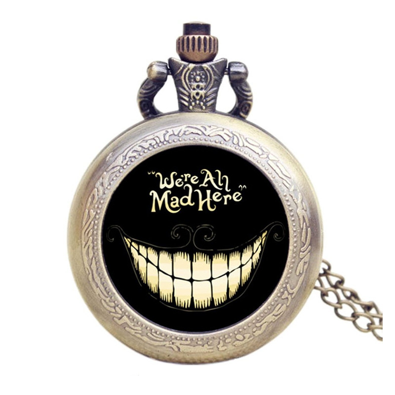 Designer Inspirations Boutique ® Alice in Wonderland We're All Mad Here Brushed Bronze Effect Retro/Vintage Case Women's Quartz Pocket Watch Necklace - On 32" Inch / 80cm Chain
