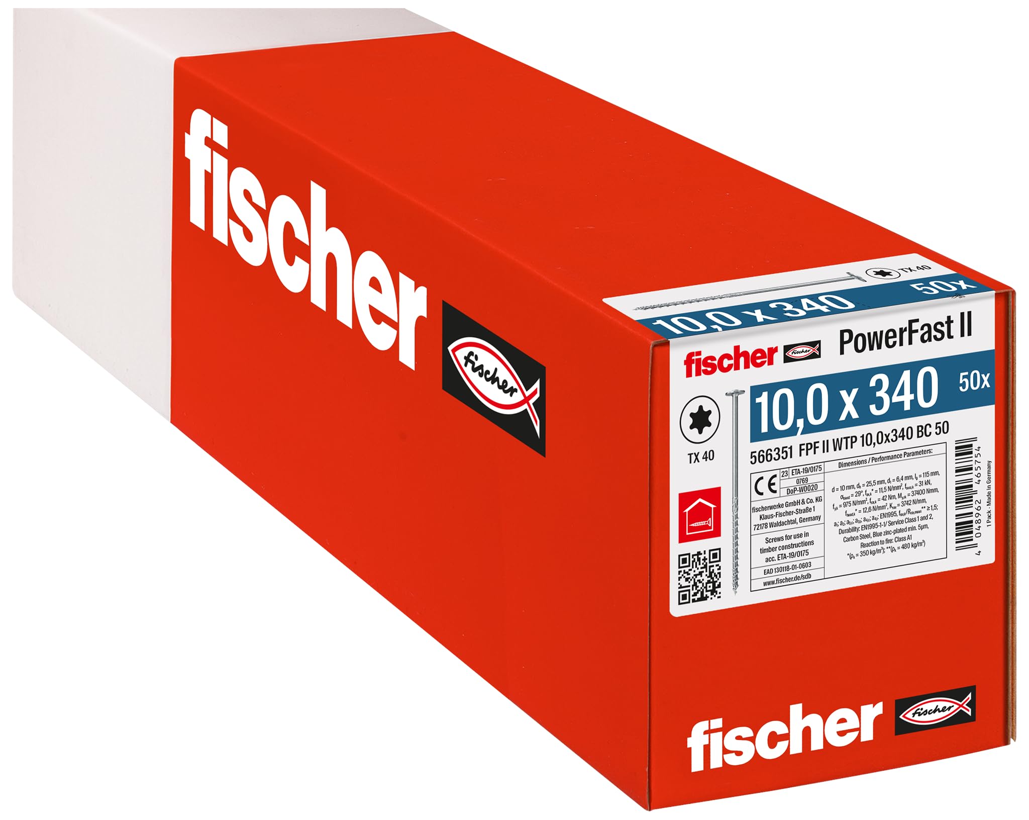 fischer PowerFast II 566351 WTP 10.0 x 340, Powerful Flat Head, Inner Star Socket and Partial Thread, for Structural Wood Construction, Pack of 50, Silver