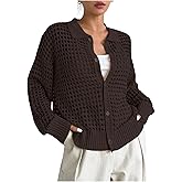 QWINEE Women's Crochet Cardigan Sweater Lightweight Cardigan Hollow Out Sweater Long Sleeve Button Down Knit Top