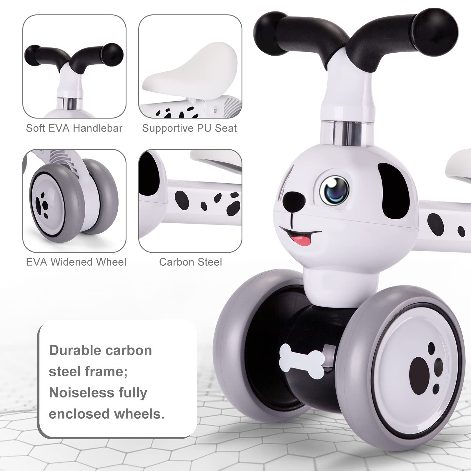 YGJT Baby Balance Bike Toys for 1 Year Old, Birthday Gifts for Boys and Girls, Silent Wheels & Non-Pedal Baby Walker Riding Toys for 10-36 Months Toddlers, Kids First Bike Gifts Spotty Dog