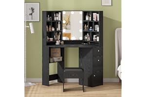 Fameill Corner Makeup Vanity Desk with Lighted Mirror,Black Vanity Set with Lights,Large Dressing Tables with Lots Storage for Bedroom,3 Lighting Modes with Adjustable Brightness,46 Inch
