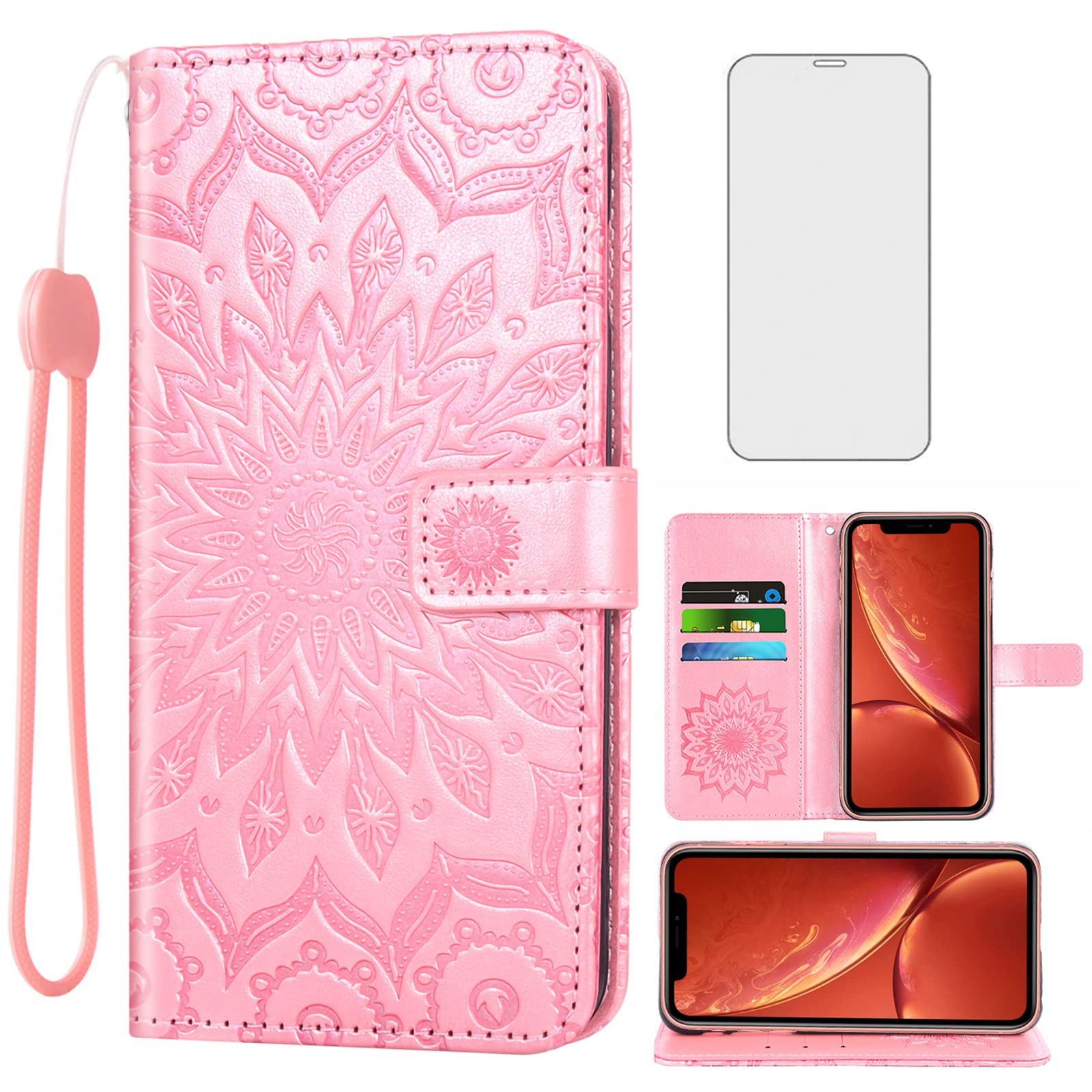 Phone Case for iPhone XR Wallet Cases with Tempered Glass Screen Protector Leather Flip Cover Card Holder Stand Cell Accessories iPhoneXR iPhone10R i Phonex 10XR 10R 10 R RX CR Women Rose Gold