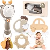 Baby Rattles &amp; Teethers Set, Baby Toys 0-6 Months, Musical Sensory Toys | Sensory Toys with Soft Textures, Gentle Sounds &amp; Lights, Easy-Grip Shapes, Baby Shower &amp; First Birthday Gift (4-Pack)