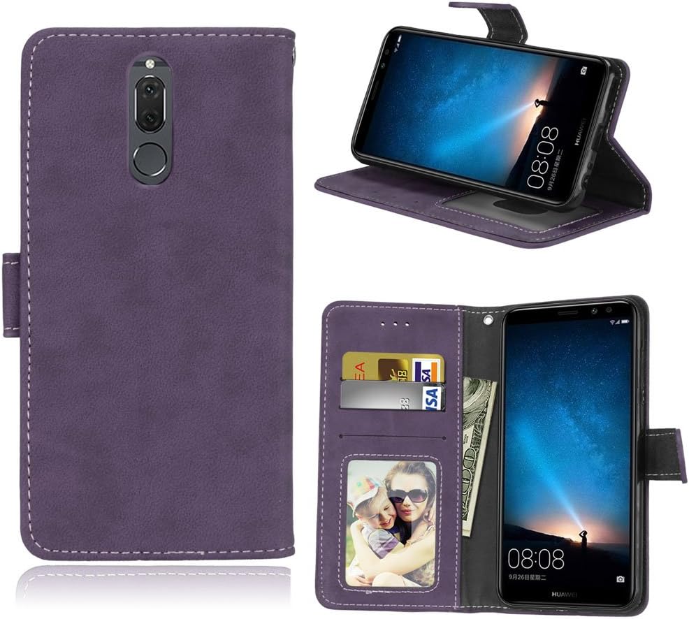 Huawei Mate 10 Lite Case, SATURCASE Retro Frosted PU Leather Flip Magnet Wallet Stand Card Slots Protective Case Cover for Huawei Mate 10 Lite/Huawei Nova 2i (Purple)