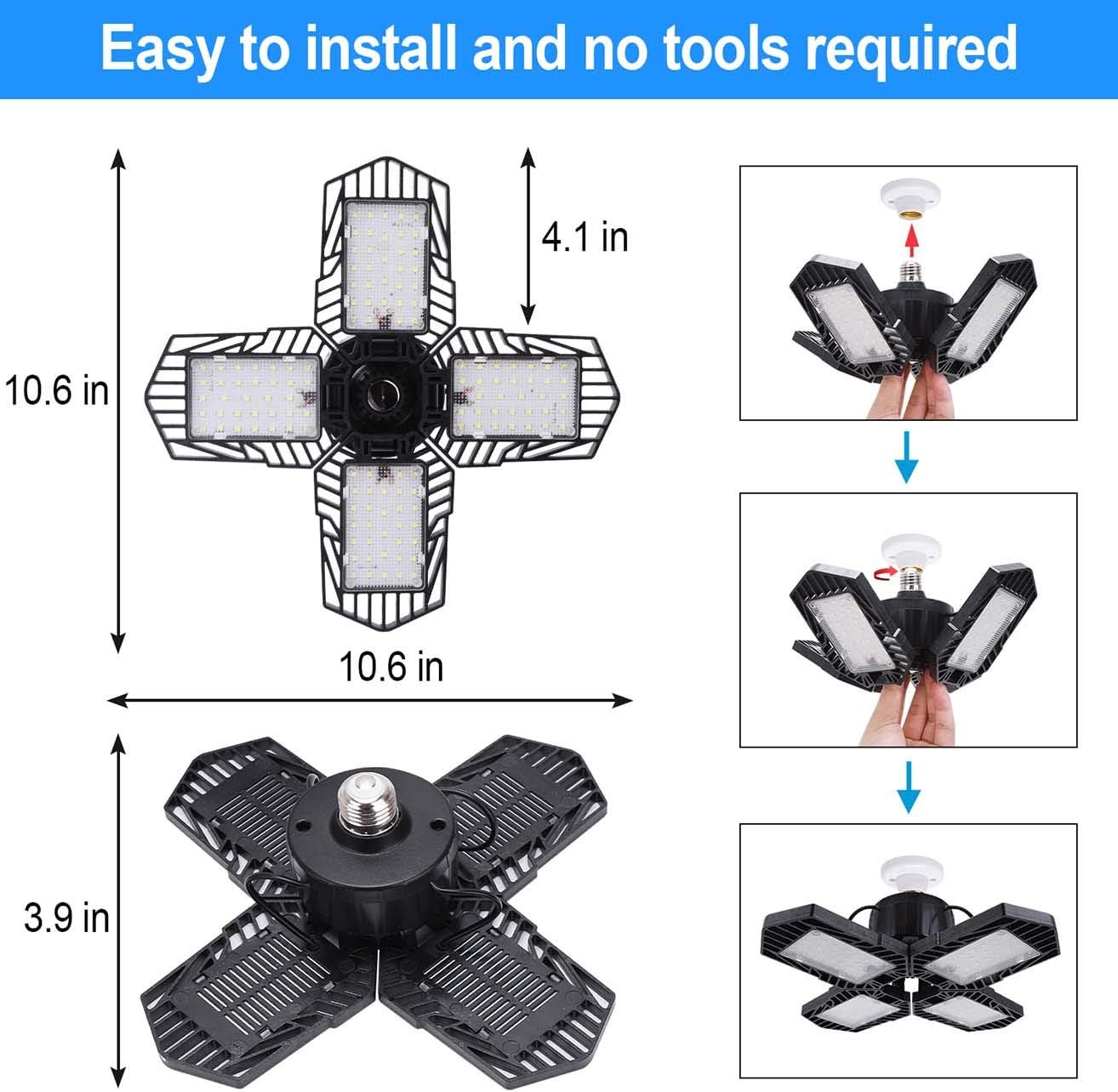 LED Garage Lights, 2 Pack 60W E26 Screw in 6000LM Deformable Led Garage Lights 6500K, 110V LED Basement Lights Tribright Led Adjustable Light Full Area for Garage Warehouse Workshop Shop (2-Pack) - - 