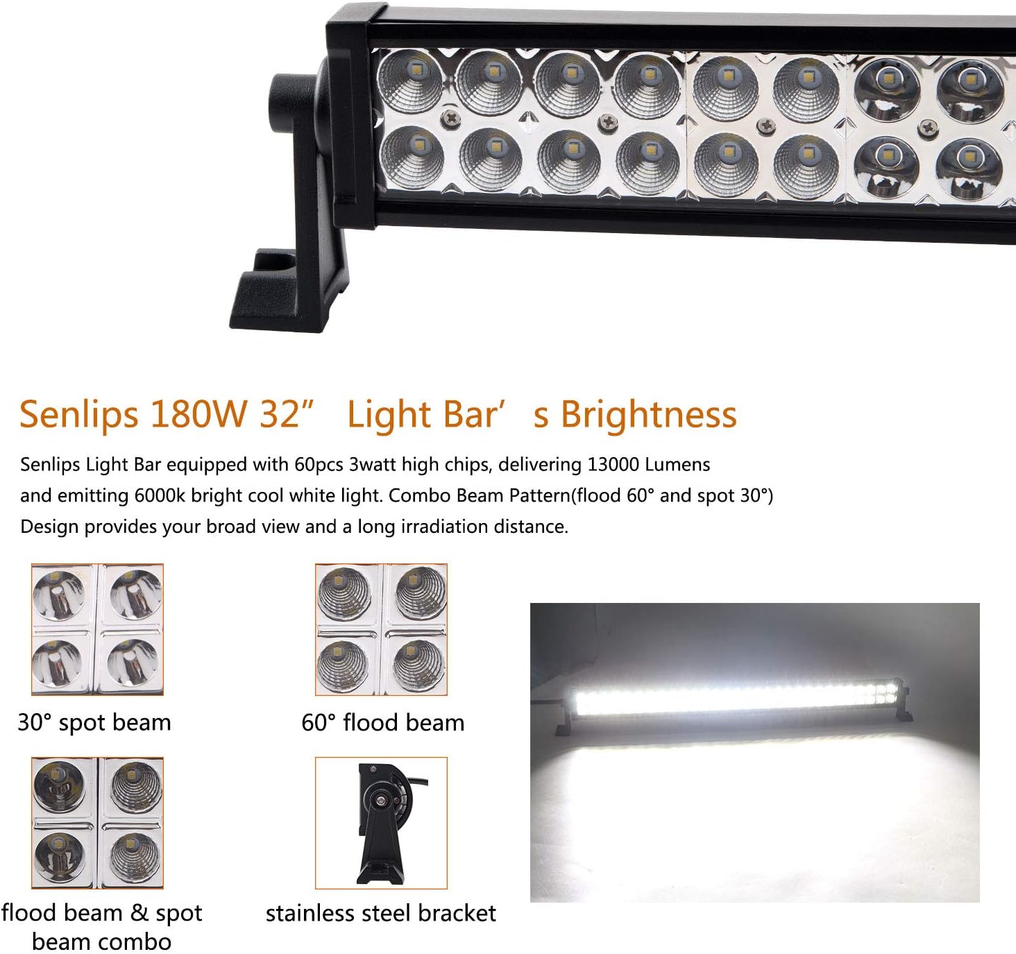 Senlips 32” 180W Road Spot Flood Combo Waterproof Led Driving Work Fog Boat Lamp Lighting Bar for Trucks Jeep ATV UTV SUV, 1 Year Warranty: Automotive