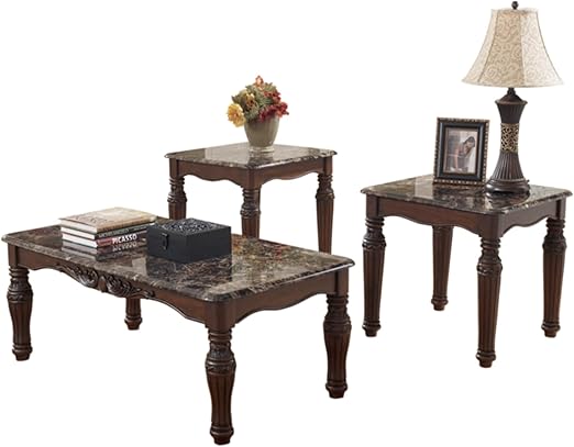Amazon Com Signature Design By Ashley Traditional Faux Marble Top 3 Piece Table Set Coffee Table And 2 End Tables Dark Brown Furniture Decor