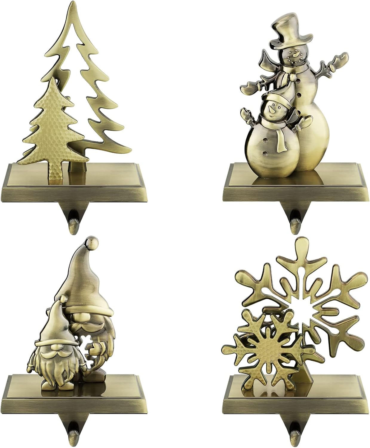 Ornament Hooks - MCEAST 4 Pieces Christmas Stocking Holder Xmas Stocking Hangers with Snowman Christmas Tree Snowflake Swedish Gnome Metal Stocking Hooks for Christmas Decoration, Bronze