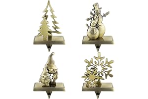 MCEAST 4 Pieces Christmas Stocking Holder Xmas Stocking Hangers with Snowman Christmas Tree Snowflake Swedish Gnome Metal Stocking Hooks for Christmas Decoration, Bronze