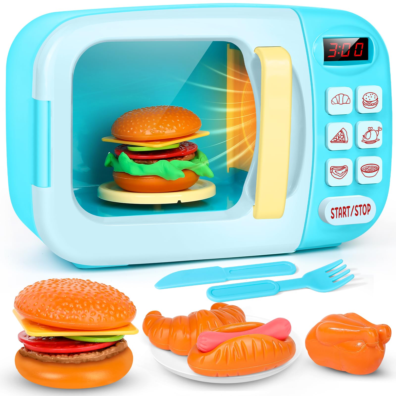Kids Microwave Toy with Light and Sound, Microwave Oven with Pretend Play Kitchen Accessories and Play Food for Toddlers 3 Year Old Up Girls Boys (Blue)