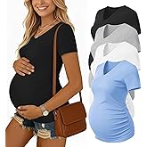 Ekouaer 4 Pack Maternity Shirts V Neck Maternity Top Short Sleeve Casual Tee Side Ruched Pregnancy Clothes