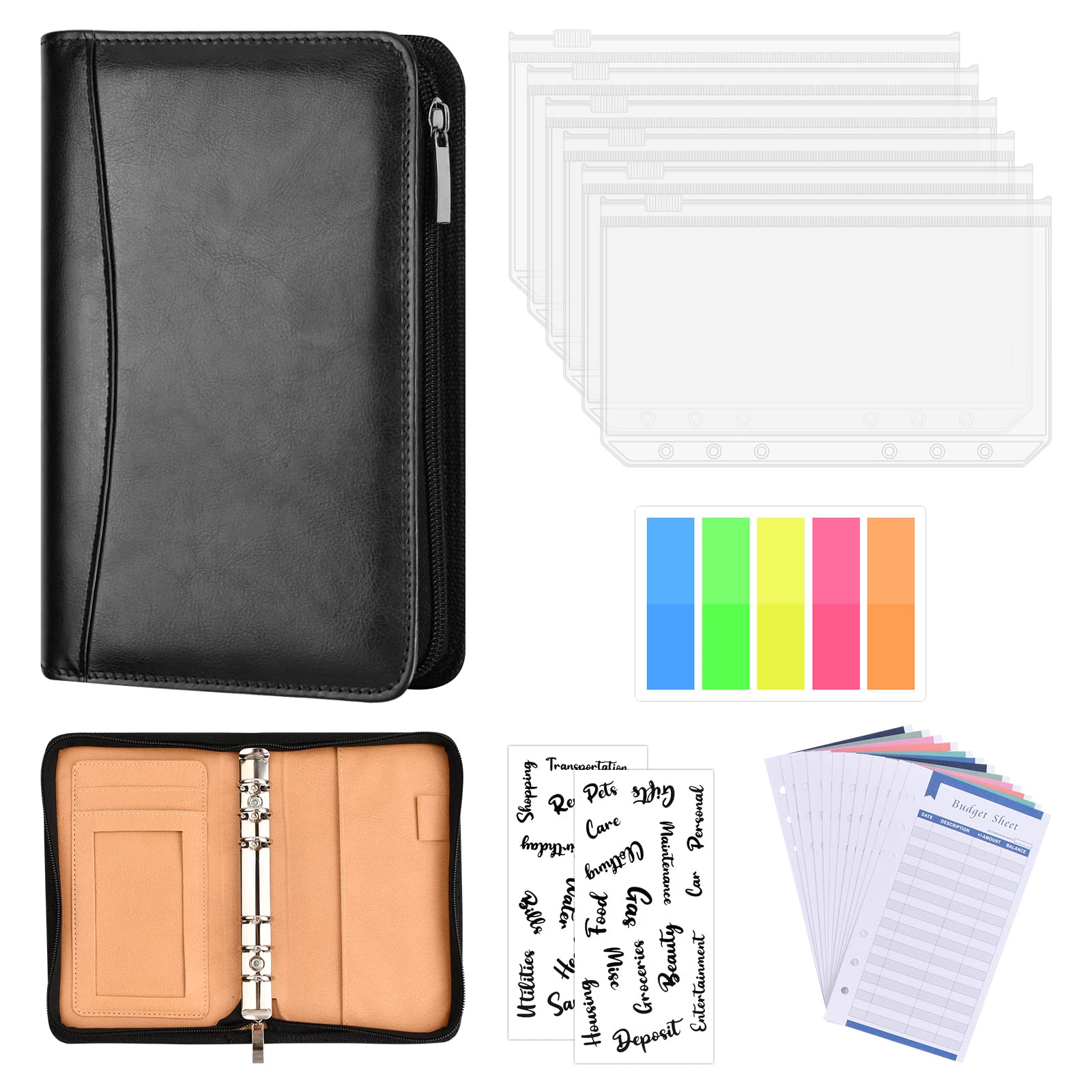 Tinsellns A6 Budget Binder with Cash Envelopes Budget Planner, Leather Ring Binder Notebook with 6PCS A6 Zipper Storage Bag, 12PCS Expense Budget Sheets, 2Pcs Letter Sticker Labels, Black