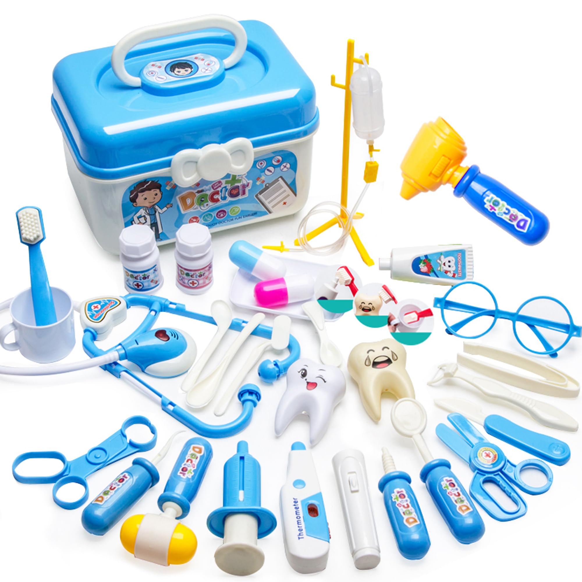 Doctor Playset Medical Kit Contains Children's Injections, Lighted play stethoscope for kids, dentist kit for kids 3-5 pretend play(30PCS) (blue doctor kit) (blue doctor kit)