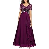 Miusol Women's Classy V-Neck Ruffle Floral Lace Hem Trim Sequined Maxi Bridesmaid Dress (Medium, Maroon)