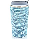 XMYAINA 17oz Rhinestone Insulated Coffee Mug with Leak Proof Lid Stainless Steel Vacuum Bling Travel Coffee Mug Studded Diamond Sparkly Coffee Tumbler Cup Reusable Portable To Go Mugs (Aquamarine)