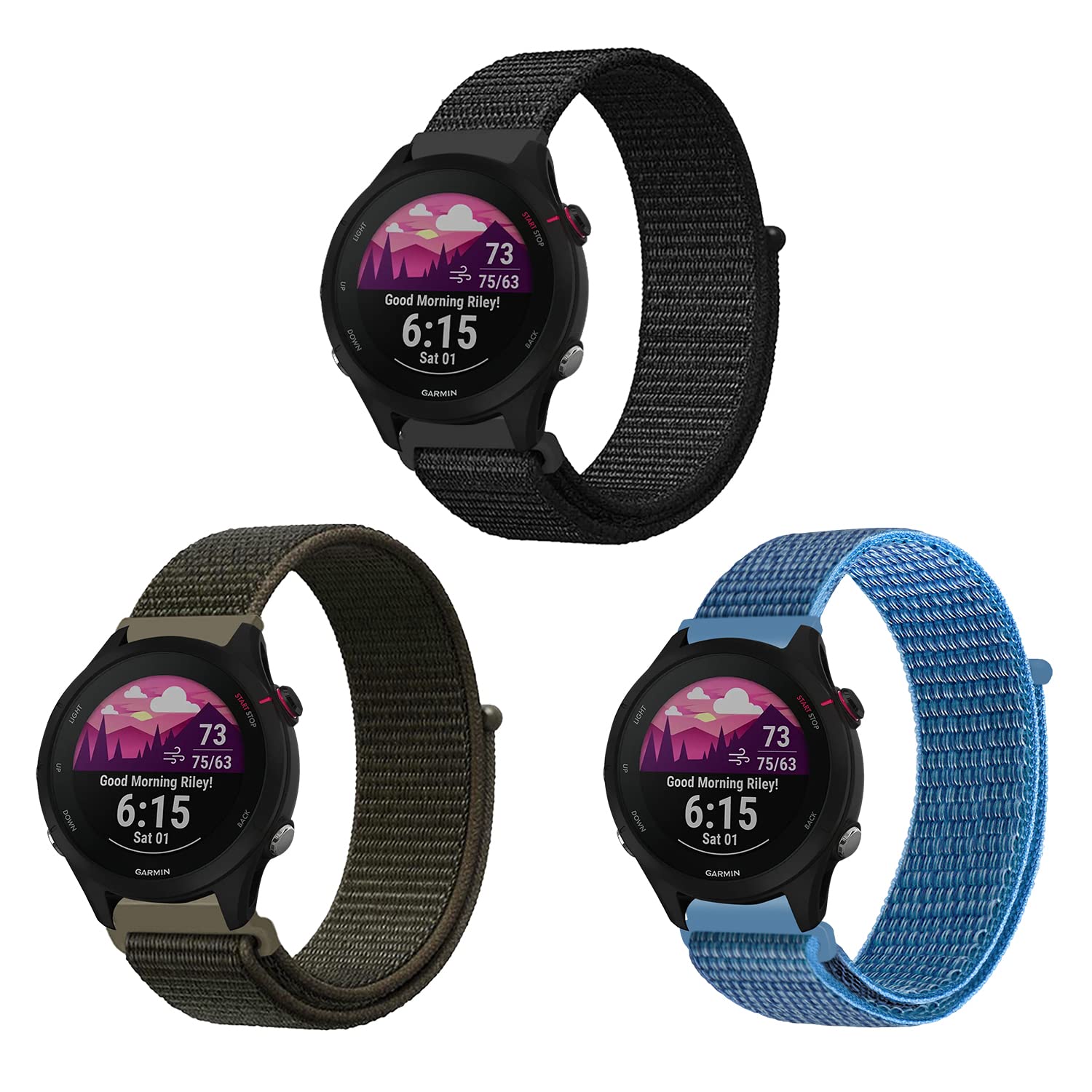 ZoRoll 18 mm Strap for Garmin Venu 3S/Forerunner 265S/255S/255S Music, [3-Pack] Soft Sport Bracelet for Women Men, Nylon Replacement Band Compatible with Huawei Watch GT5/GT4 - Black+Army Green+Blue