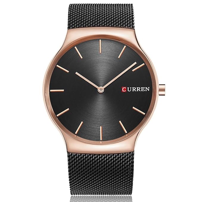 TREEWETO Herrenuhr Analog Quarz Edelstahl Milanaise Armband Ultraflach Zeitlos Schwarz