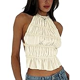 Floerns Women's Sleeveless Shirts Halter Backless Pleated Ruffle Hem Cute Cami Top