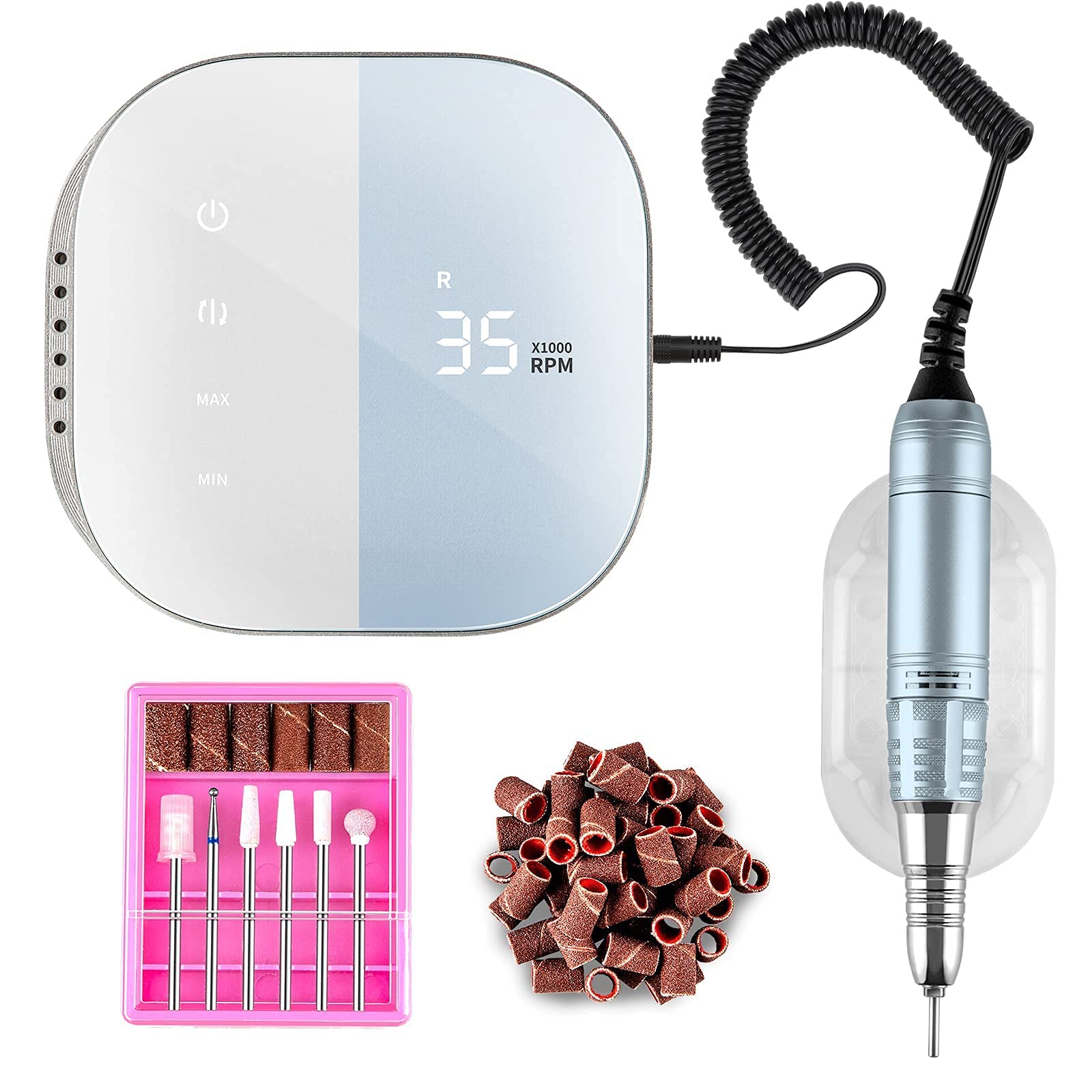 Madenia Professional Electric Nail Drill Machine with LCD Touch Screen, 35000 RPM Efile Nail File Drill for Arylic Gel Nails, E File Kit for Salon Home Manicure Use, Blue (UK-108-BL)