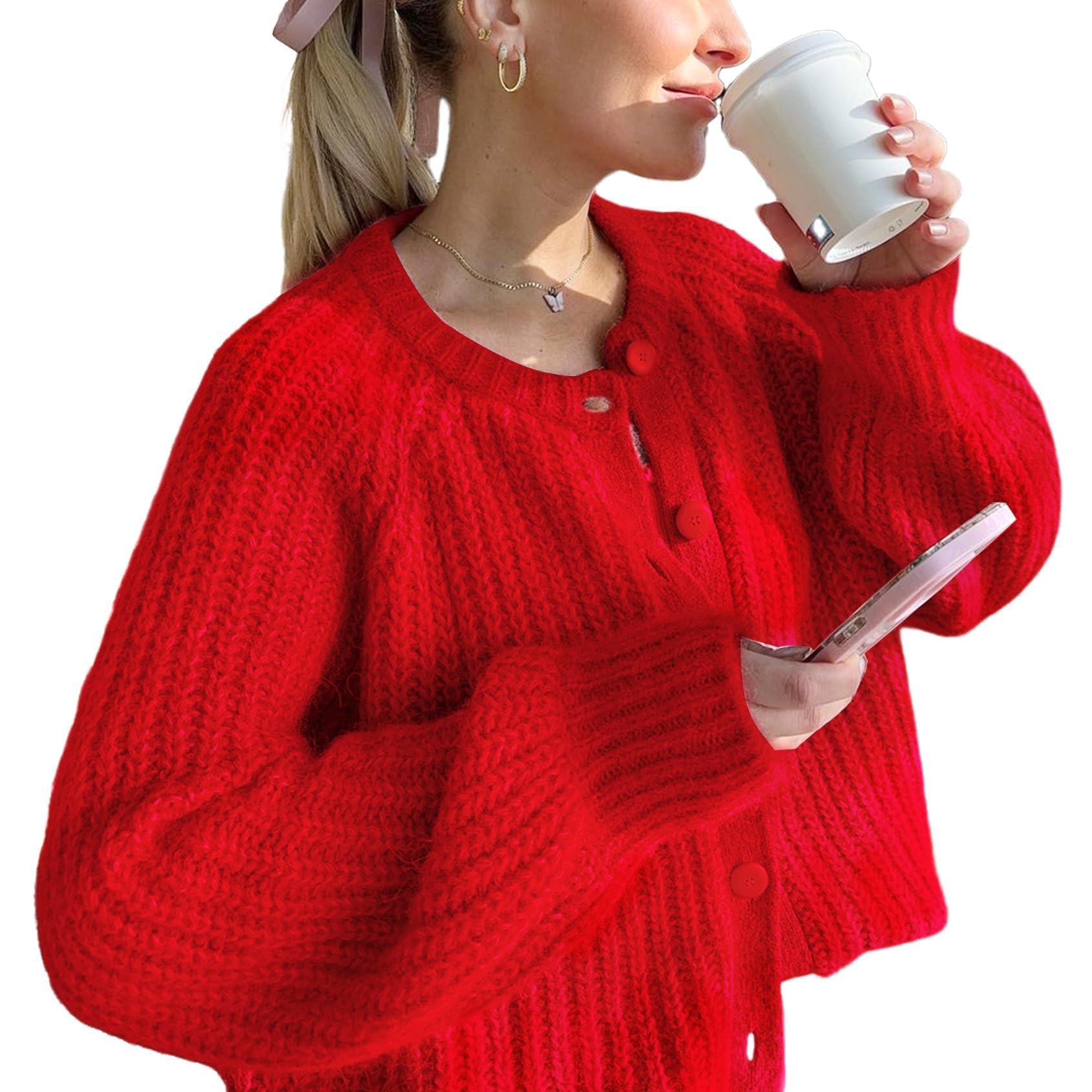 Photo 1 of Acmplla Cardigan Sweaters for Women Chunky Knit Cardigans Long Sleeve Button Sweater Jacket 2024 Fall Winter Red M