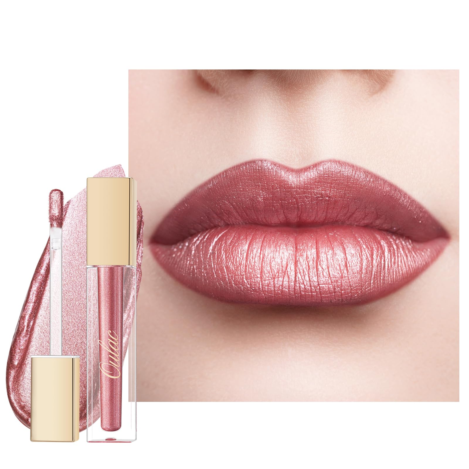 Oulac Rose Diamond Lip Gloss - Metallic Pink Liquid Lip Stain, Long Lasting Lipstick for Women, also for Eyeshadow, Glitter Finish, Waterproof, No Transfer, Highly Pigmented, Vegan, 4.5ml, MD04