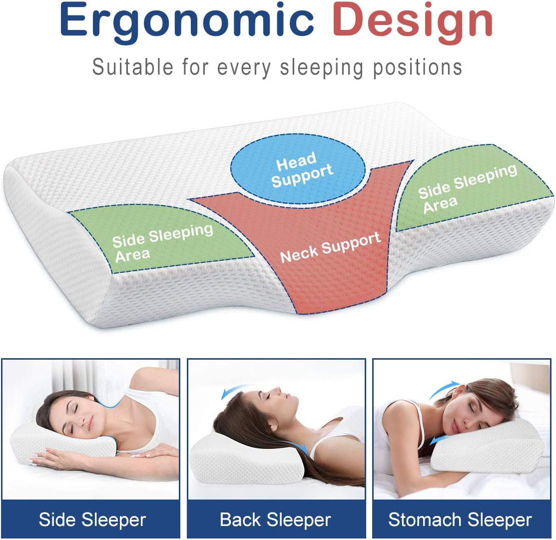 STURME Contour Memory Foam Pillow, Ergonomic Cervical Pillows for Sleeping, Orthopedic Pillow for Neck Pain - Head and Neck Support for Back，Stomach and Side Sleepers with Pillow Case: Home & Kitchen