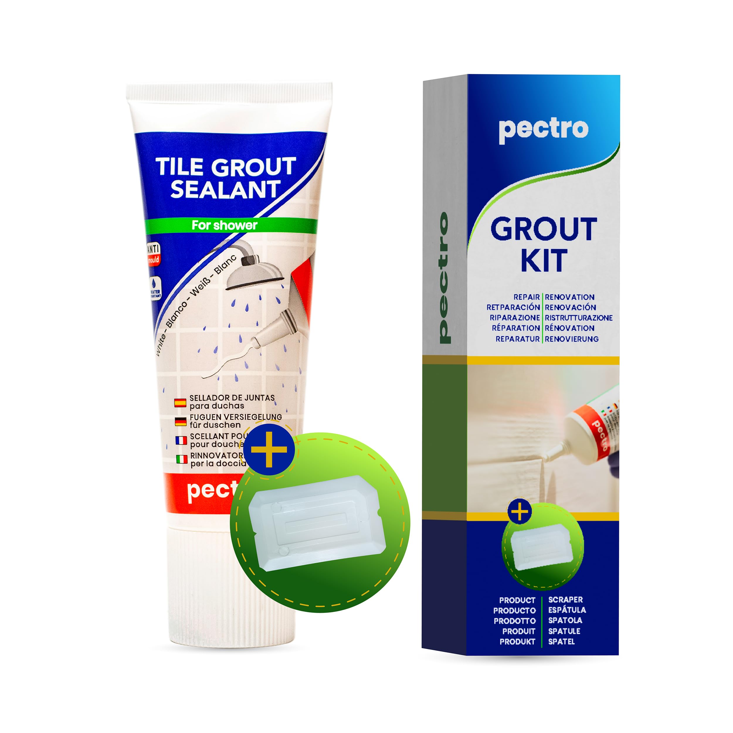 PECTRO Grout KIT Tile Grout Sealant + Scraper | Tile Joint Repair for Shower - Fill and Bleach | Forget About Cracks in Shower Joints | Waterproof (6,62oz - 200ml) (KIT x 1)