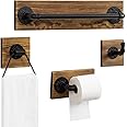 MyGift 4-Piece Bathroom Hardware Set with Burnt Wood and Industrial Matte Black Metal Pipe Includes Toilet Paper Holder, Towel Ring, Towel Bar and and Robe Hook