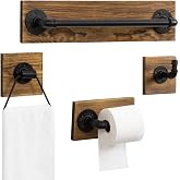 MyGift 4 Pc Bathroom Hardware Set with Burnt Wood &amp; Matte Black Metal Pipe | Industrial Rustic Accessories Washroom Fixture Set, Toilet Paper Holder, Robe Hook, Towel Bar, Towel Ring