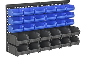 DURHAND Wall Mounted Storage Bin Rack with 2 Colour Parts, Plastic Hardware Screw Storage Tool Organizer with 30 Bins, Pegboa
