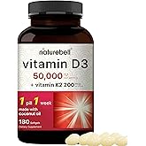 NatureBell Vitamin D3 50,000 IU + K2 200 mcg, 180 Softgels | Once-Weekly Formula with Coconut Oil | Max Strength Bone, Heart & Immune Support | MK-7 Form | Non-GMO