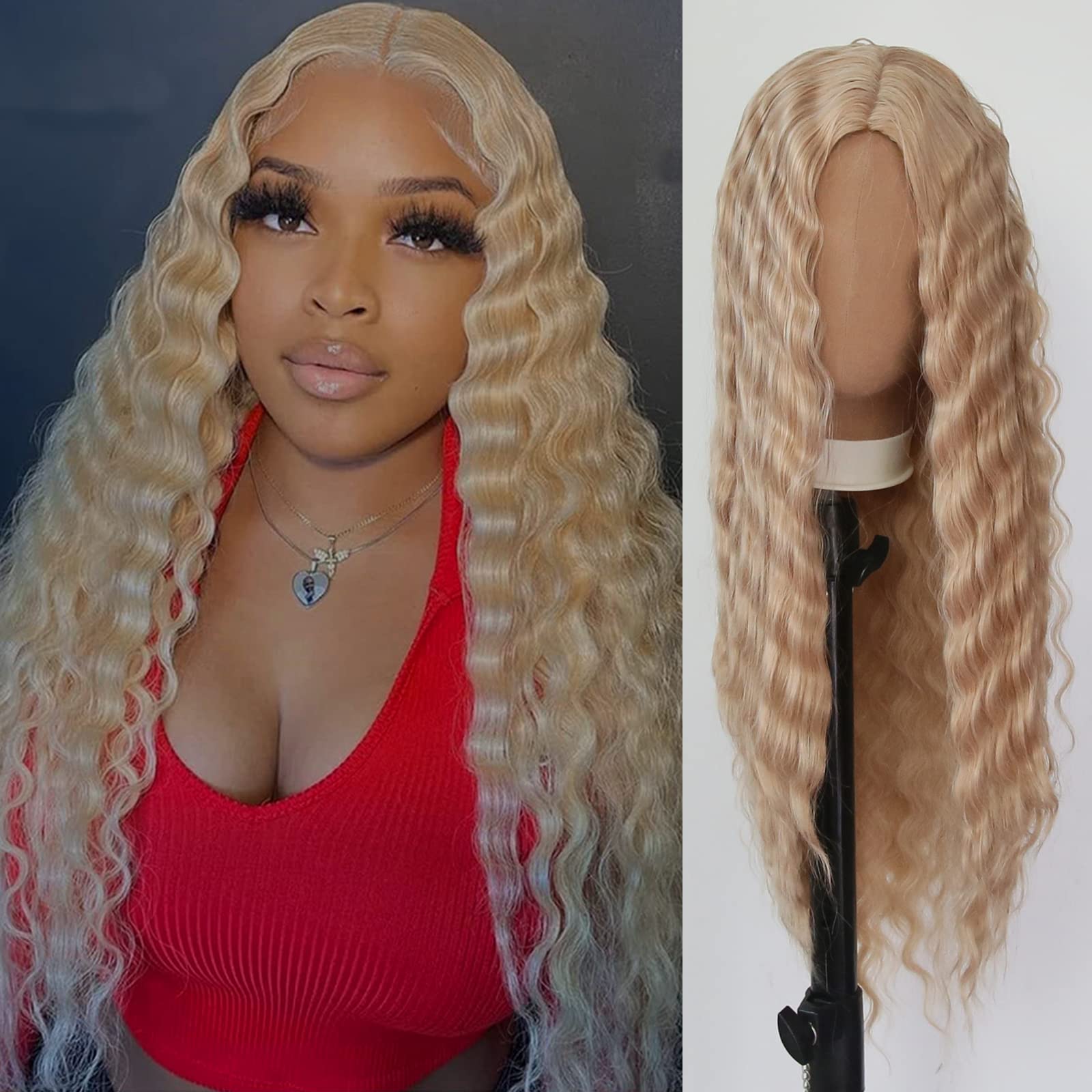 Towarm Deep Wave Brown Wig Long Wavy Brown Mix Blonde Synthetic Wigs for Women Middle Part Glueless High Temperature Fiber Cosplay Daily Wear Wig (Honey Blonde)